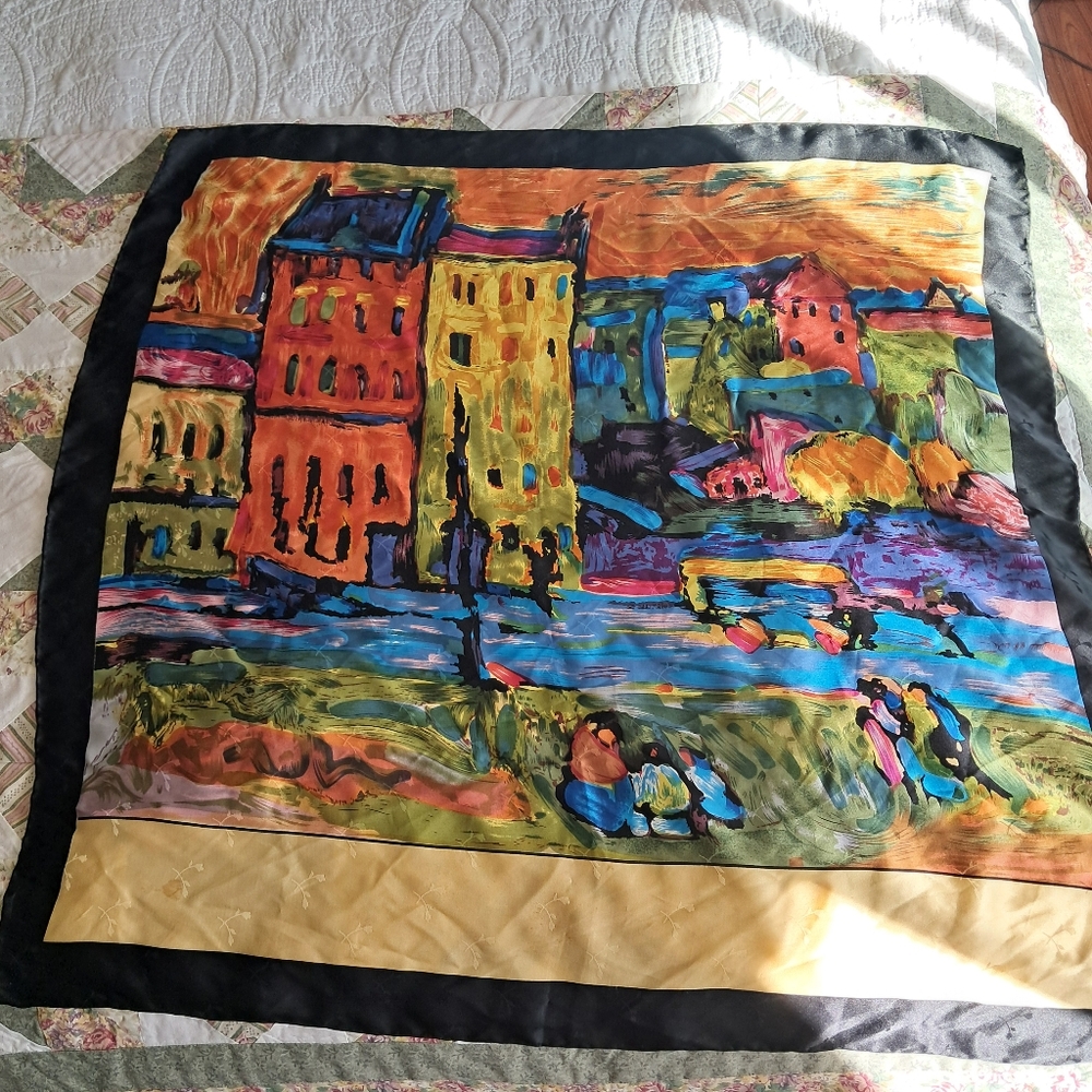 Vintage colorful artsy scarf. 35" x 35"